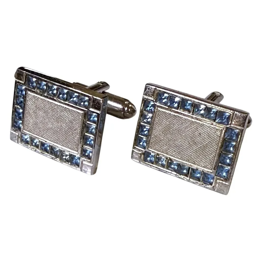 Vintage Dante Cufflinks Mens Silver Tone Brushed Aqua Glass Jewels Bullet Back